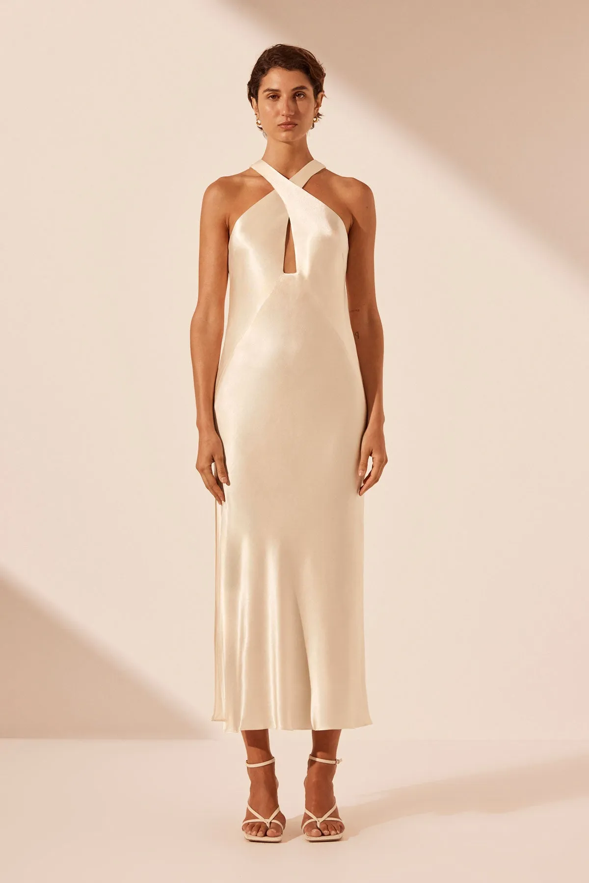 LA LUNE CROSS FRONT KEYHOLE MIDI DRESS - CREAM sold by Shona Joy
