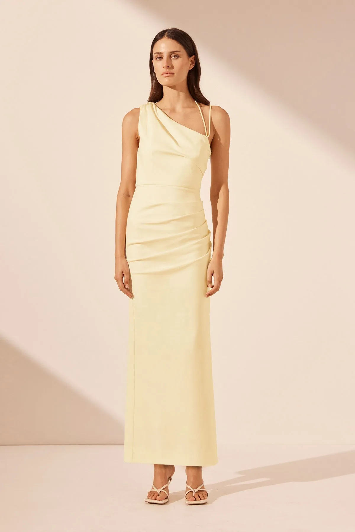 LANI ASYMMETRICAL GATHERED MIDI DRESS - VANILLA sold by Shona Joy