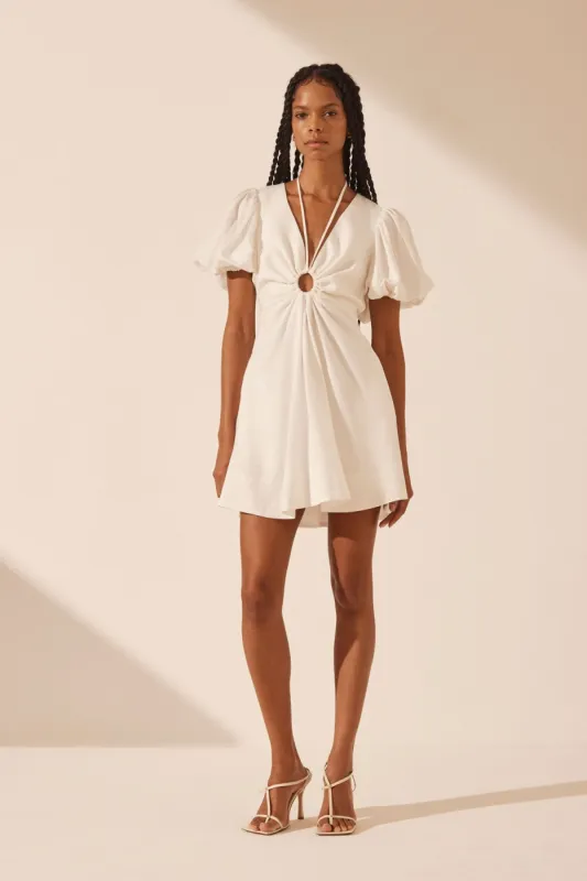 BLANC LINEN RUCHED KEYHOLE MINI DRESS sold by Shona Joy