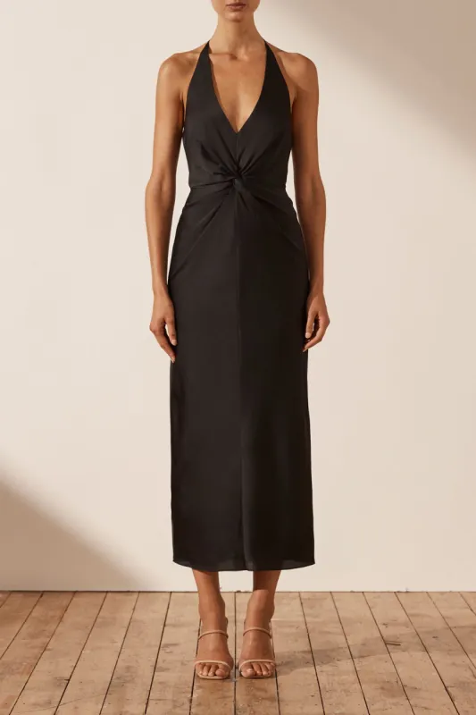 LUXE TWIST FRONT HALTER MIDI DRESS - ONYX sold by Shona Joy