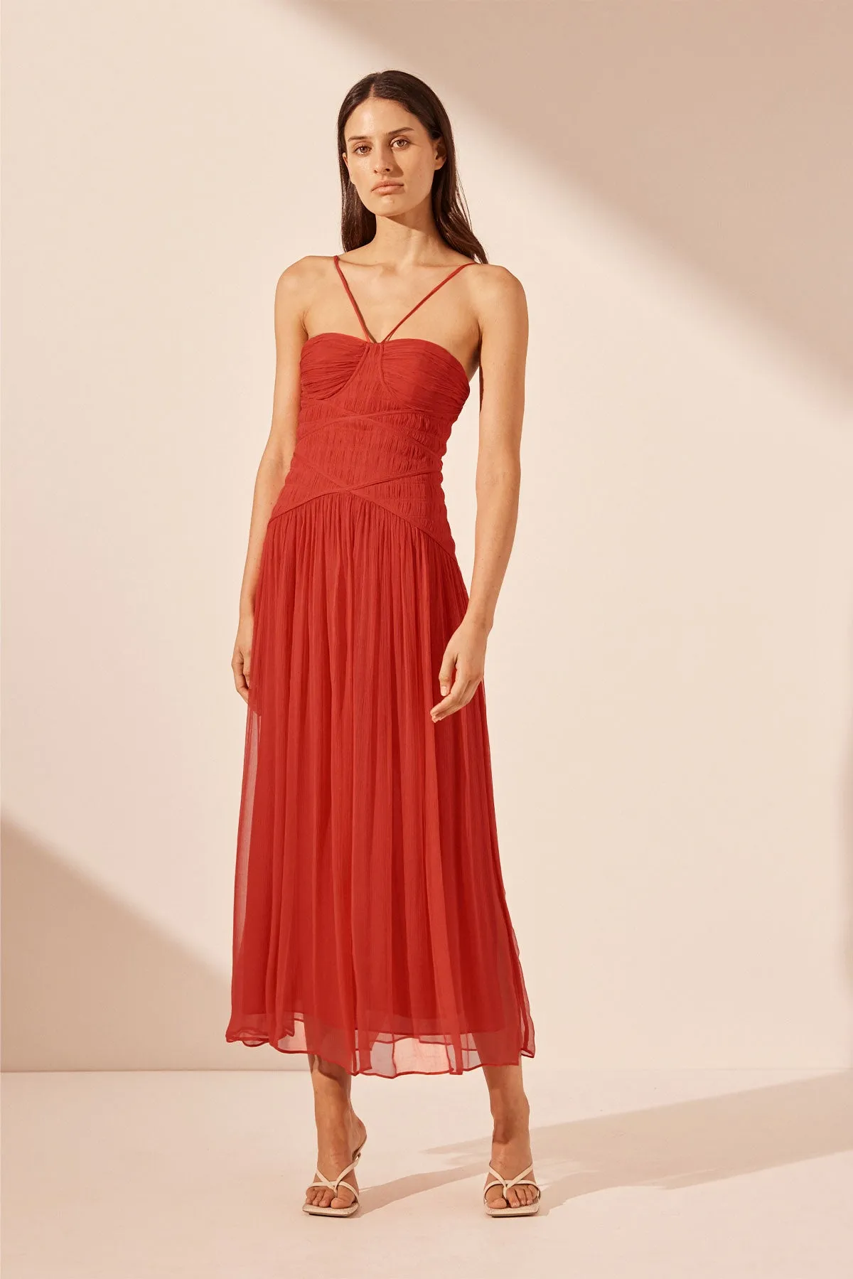 MARGOT RUCHED BODICE MIDI DRESS - SAILOR RED sold by Shona Joy