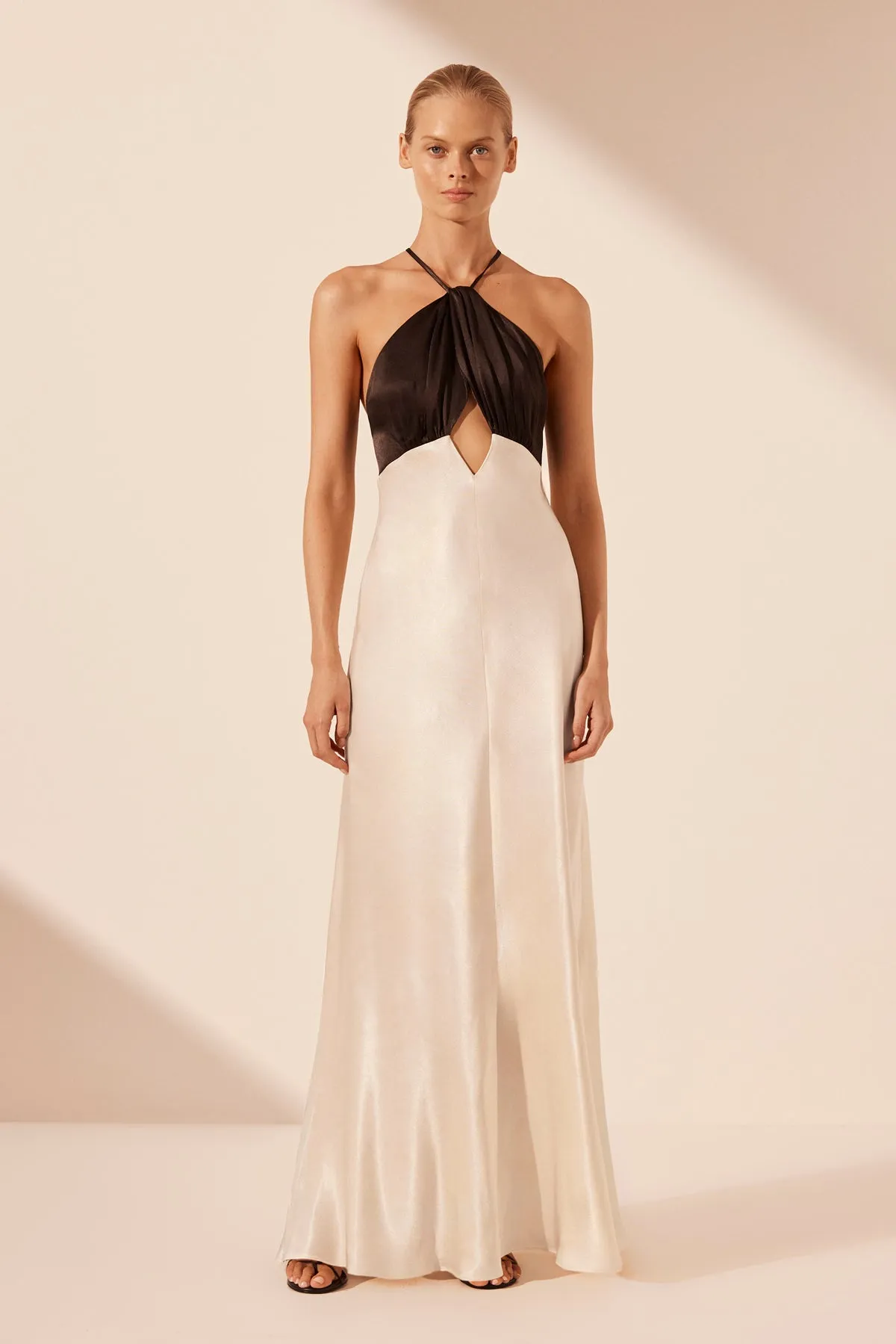 LINO CROSS BACK HALTER MAXI DRESS - CREAM/BLACK sold by Shona Joy
