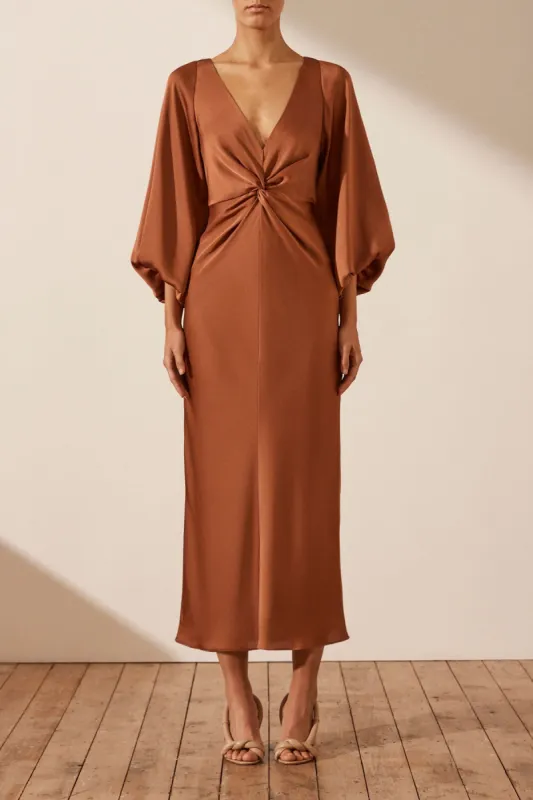 LUXE BALLOON SLEEVE KNOT FRONT MIDI DRESS - MOCHA sold by Shona Joy