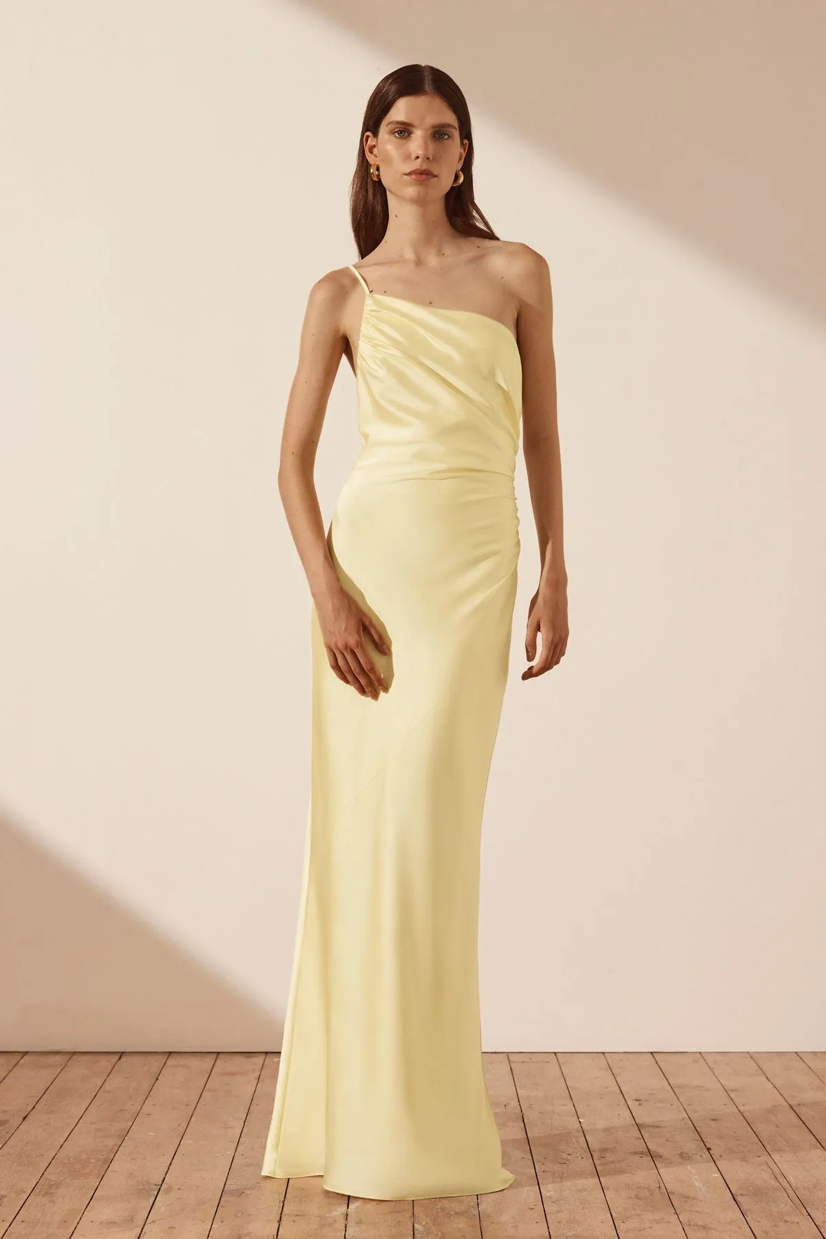 LUXE ASYMMETRICAL GATHERED MAXI DRESS - LEMON | Parallel