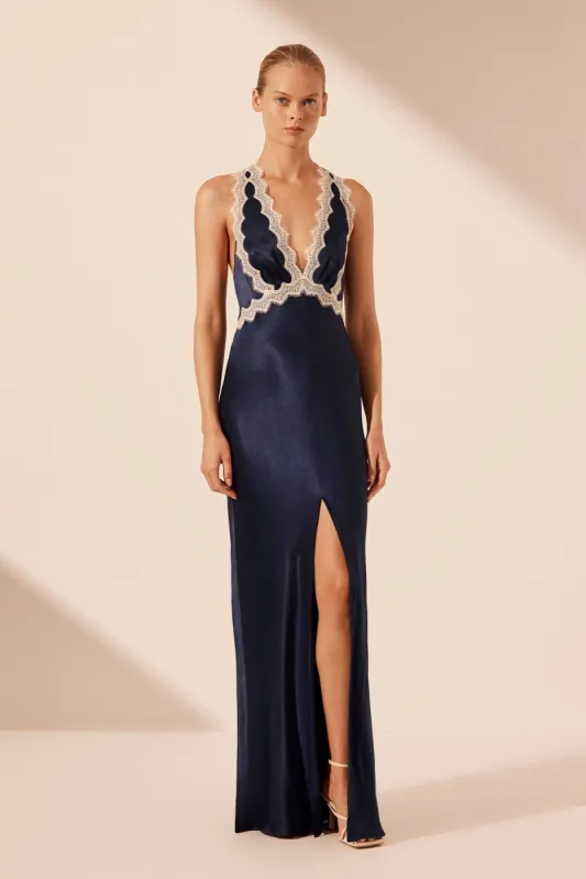 CAMILLE LACE CROSS BACK SPLIT MAXI DRESS - DEEP MIDNIGHT/IVORY sold by Shona Joy