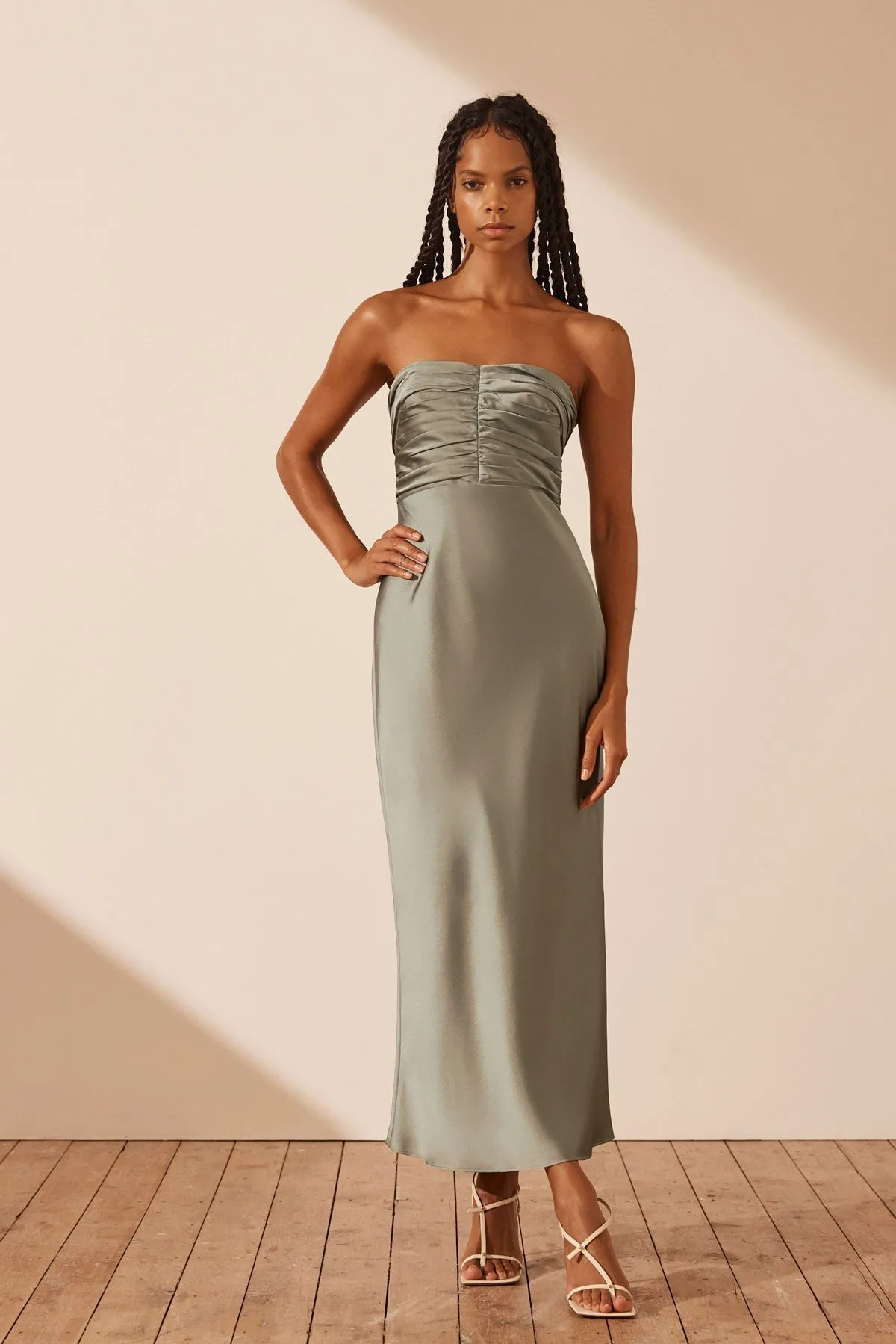 LUXE STRAPLESS RUCHED BODICE MIDI DRESS - EUCALYPTUS sold by Shona Joy