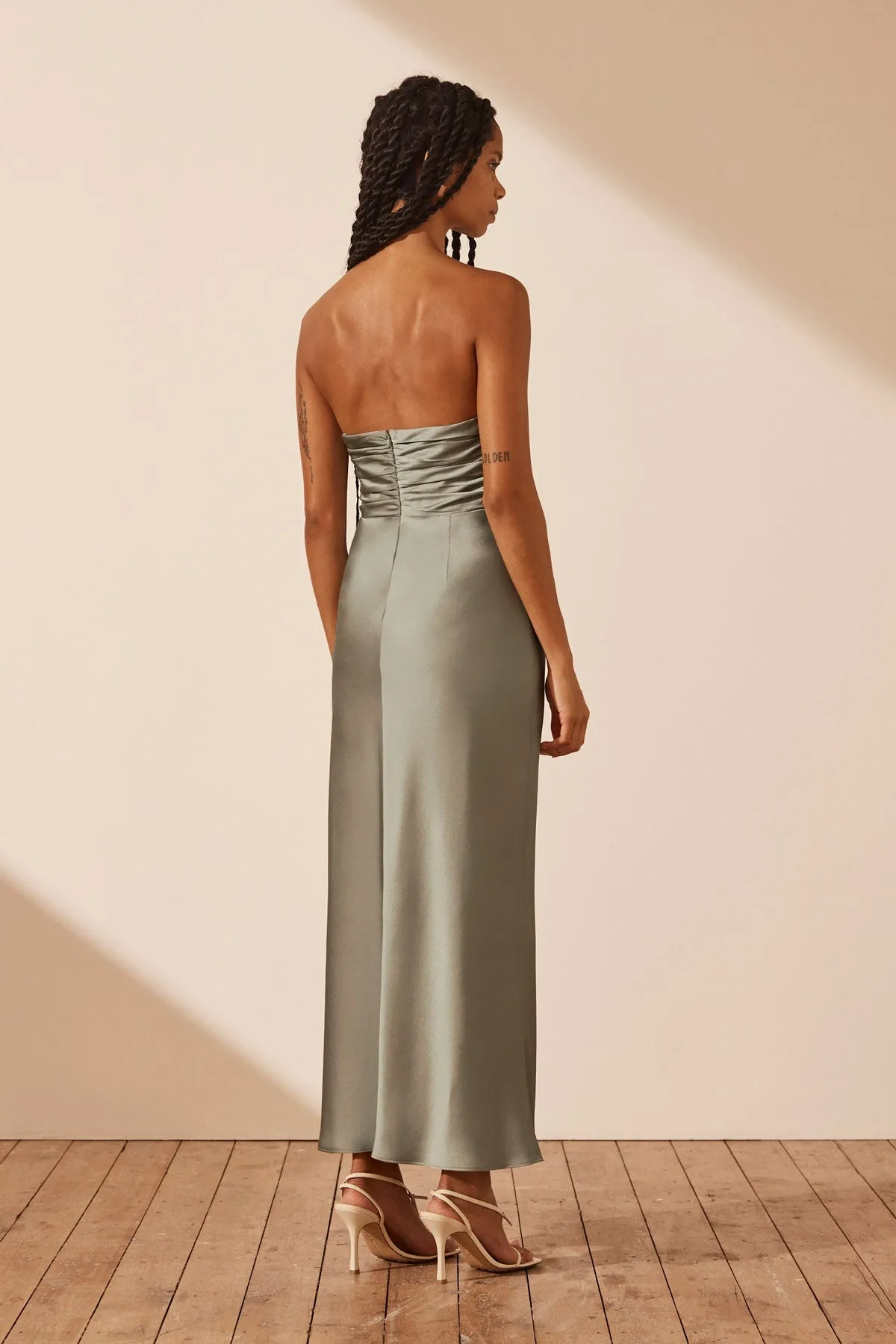 LUXE STRAPLESS RUCHED BODICE MIDI DRESS - EUCALYPTUS sold by Shona Joy product image thumbnail 4