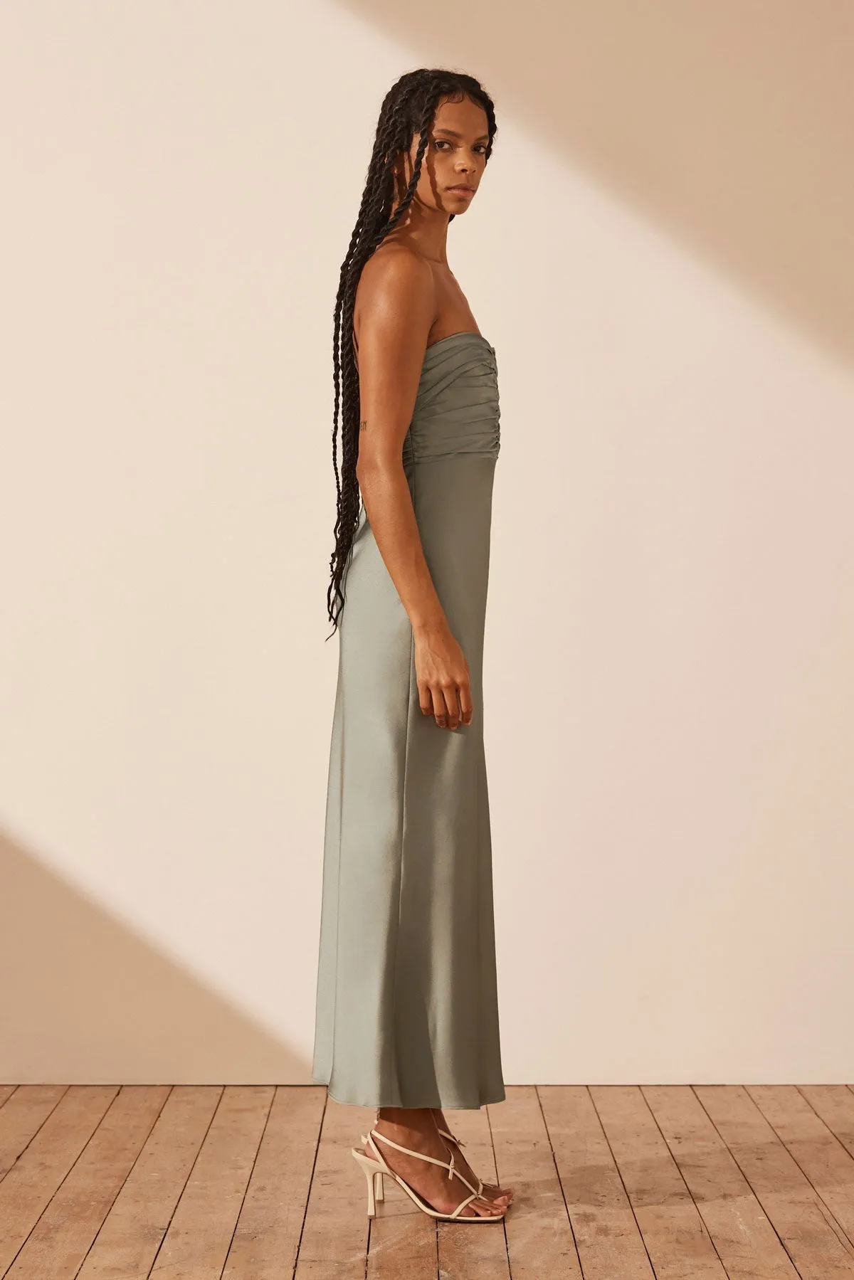 LUXE STRAPLESS RUCHED BODICE MIDI DRESS - EUCALYPTUS sold by Shona Joy product image thumbnail 3