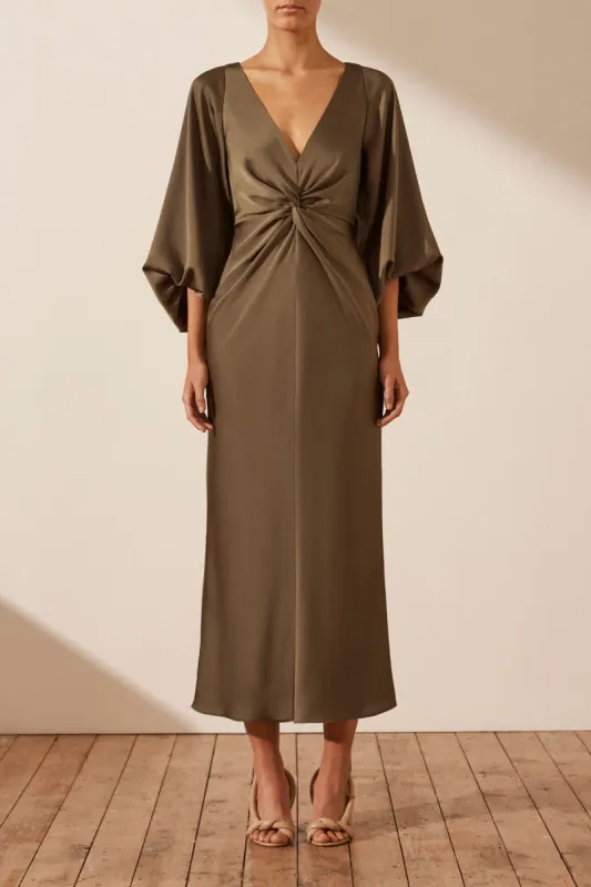 LUXE BALLOON SLEEVE KNOT FRONT MIDI DRESS - PINE sold by Shona Joy