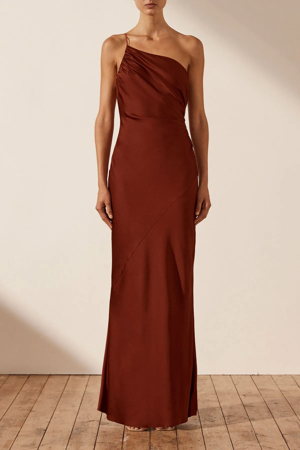 LUXE ASYMMETRICAL GATHERED MAXI DRESS - SANGRIA sold by Shona Joy