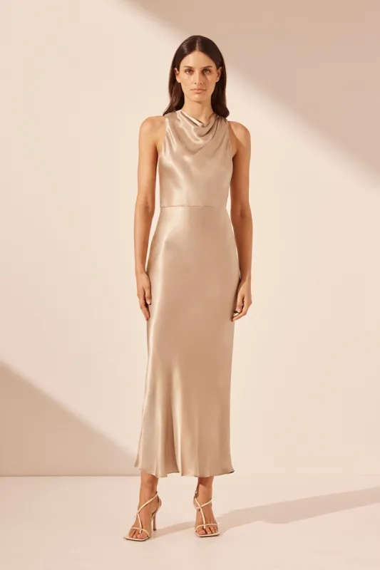 LA LUNE HIGH NECK MIDI DRESS - GOLD sold by Shona Joy