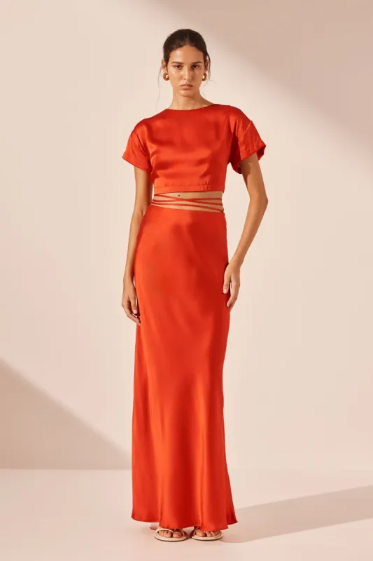 MILENNA SILK OPEN BACK DRAWSTRING CROP TOP - CHILLI RED sold by Shona Joy