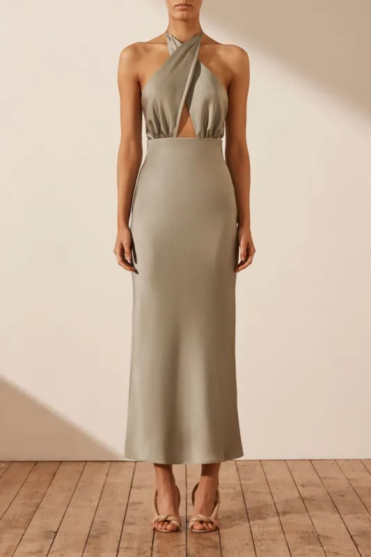 LUXE CROSS FRONT HALTER MIDI DRESS - EUCALYPTUS sold by Shona Joy