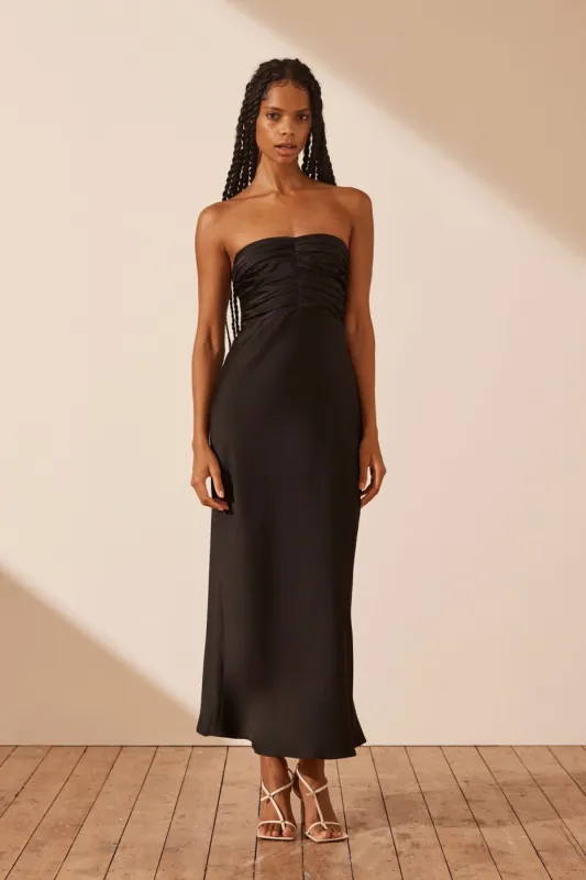 LUXE STRAPLESS RUCHED BODICE MIDI DRESS - ONYX sold by Shona Joy