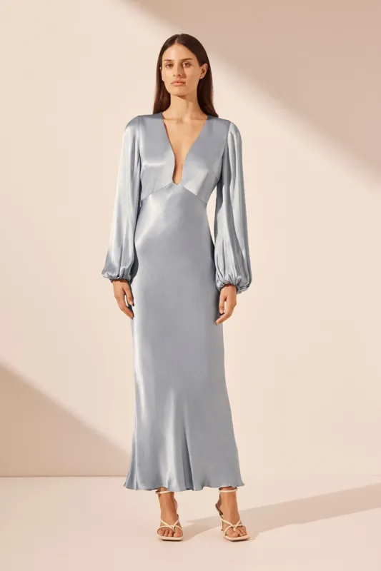 LA LUNE PLUNGED NECK BALLOON SLEEVE MIDI DRESS - POWDER BLUE sold by Shona Joy