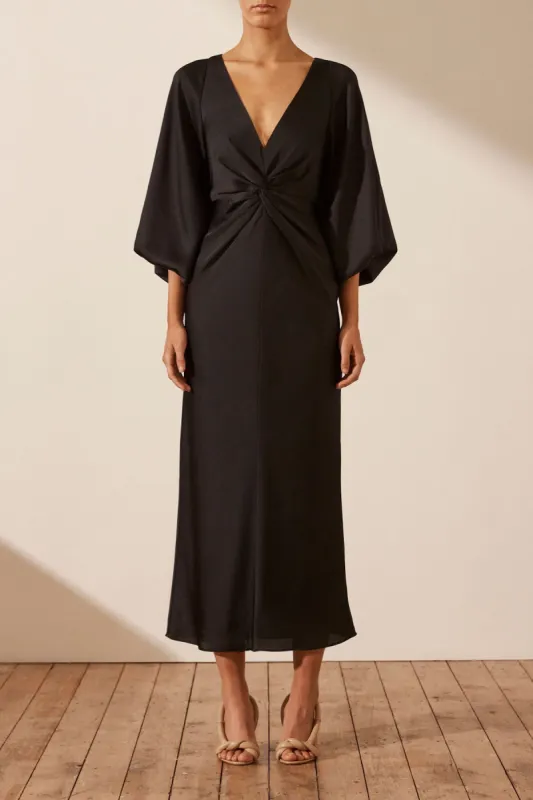 LUXE BALLOON SLEEVE KNOT FRONT MIDI DRESS - ONYX sold by Shona Joy