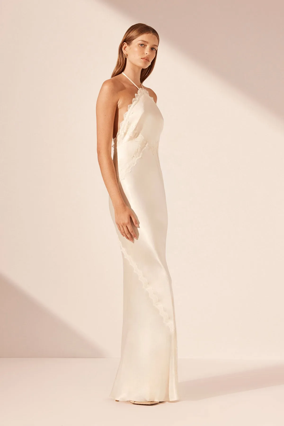 LA LUNE LACE HALTER OPEN BACK MAXI DRESS - CREAM sold by Shona Joy product image thumbnail 2