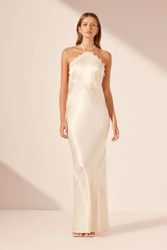 LA LUNE LACE HALTER OPEN BACK MAXI DRESS - CREAM made by Shona Joy