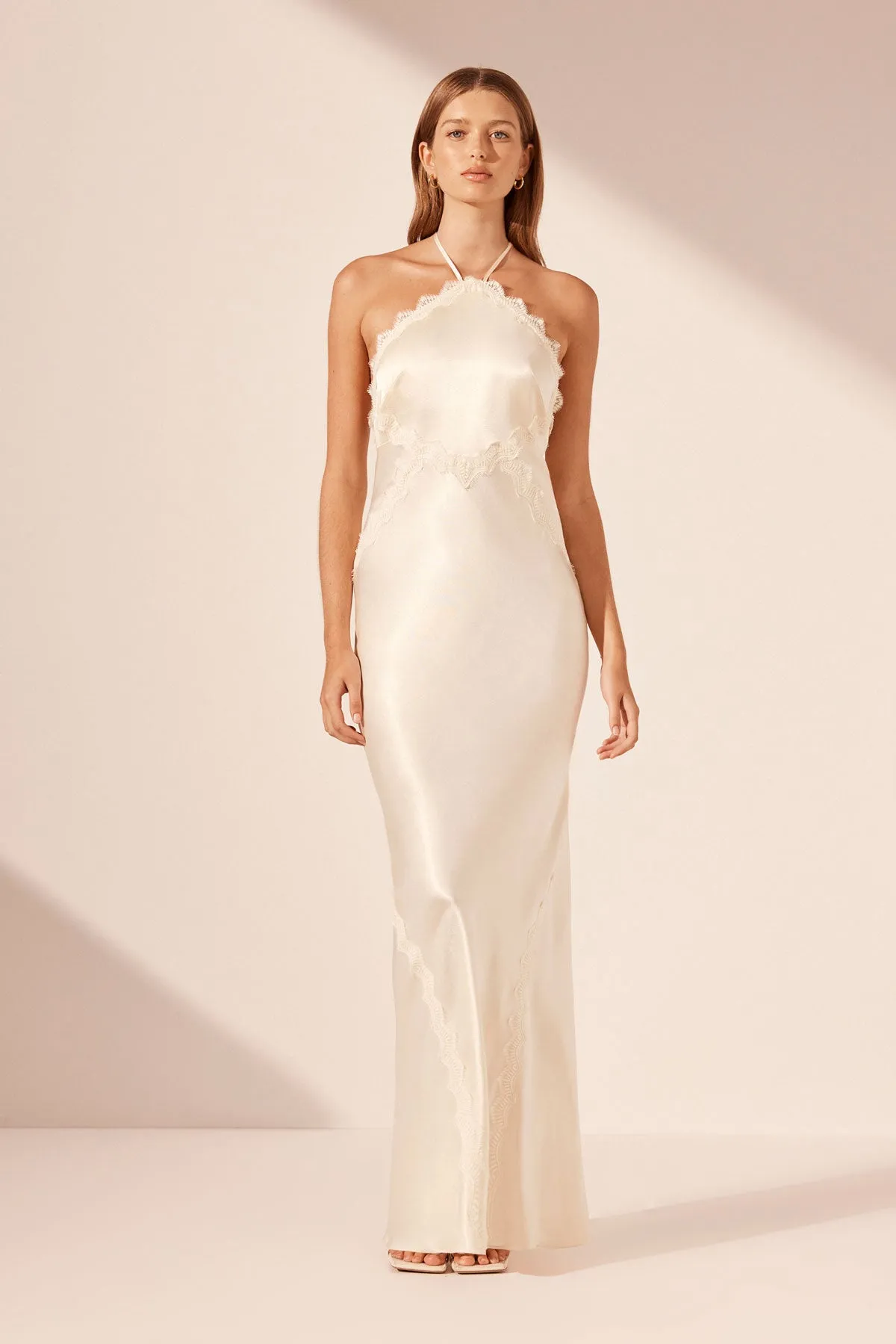 LA LUNE LACE HALTER OPEN BACK MAXI DRESS - CREAM sold by Shona Joy