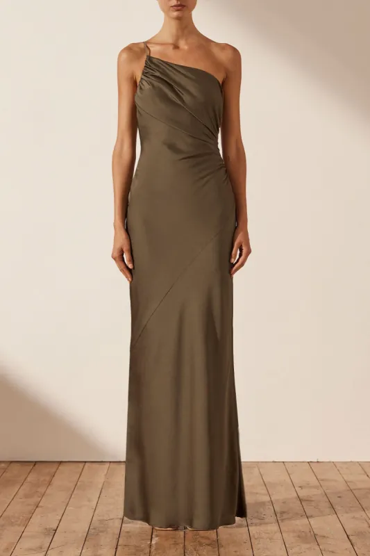 LUXE ASYMMETRICAL GATHERED MAXI DRESS - PINE sold by Shona Joy