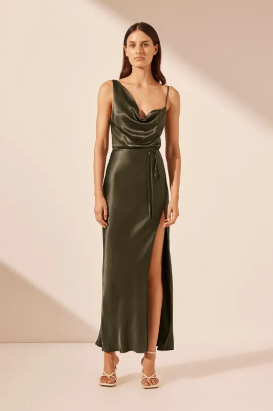 LA LUNE DRAPED SIDE SPLIT MIDI DRESS - FOREST sold by Shona Joy