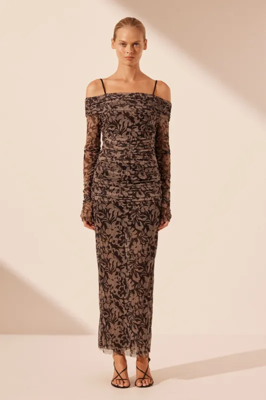 ZOE LONG SLEEVE OFF SHOULDER MIDI DRESS sold by Shona Joy