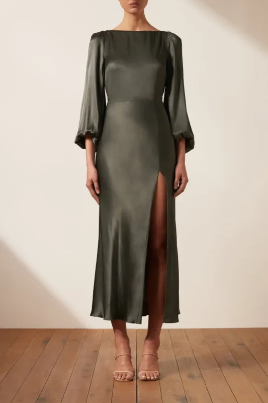 LA LUNE BALLOON SLEEVE BACKLESS MIDI DRESS - OLIVE sold by Shona Joy