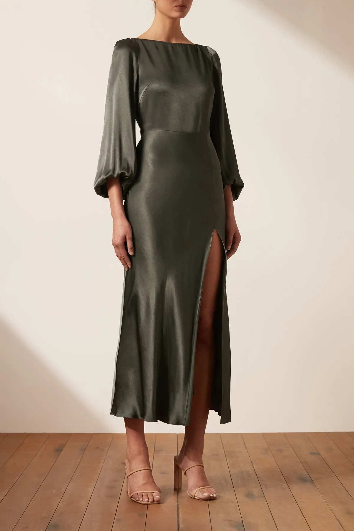 LA LUNE BALLOON SLEEVE BACKLESS MIDI DRESS - OLIVE sold by Shona Joy product image thumbnail 2