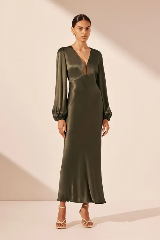 LA LUNE PLUNGED NECK BALLOON SLEEVE MIDI DRESS - FOREST sold by Shona Joy