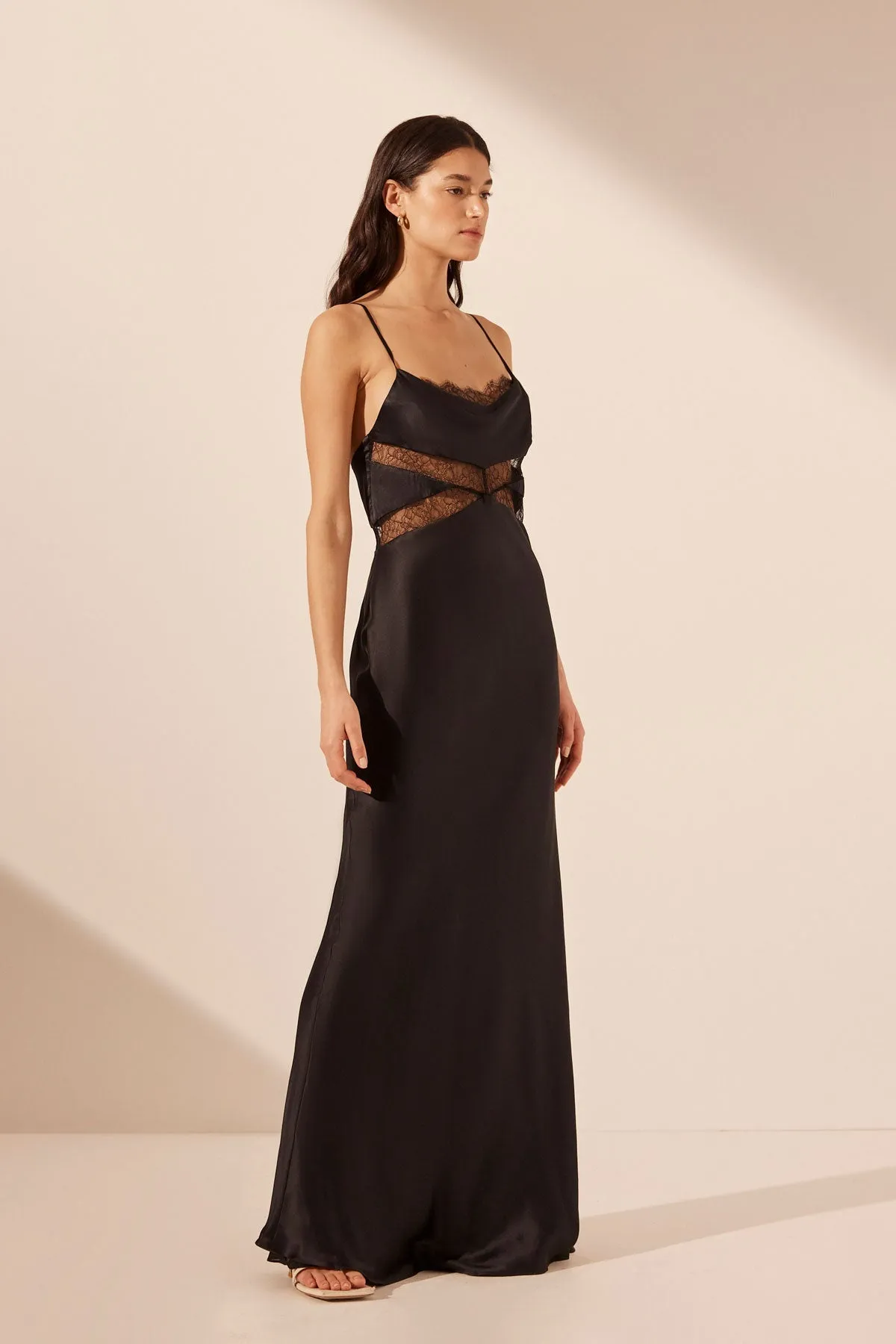 LETICIA SILK COWL NECK LACE MAXI DRESS - BLACK sold by Shona Joy product image thumbnail 3