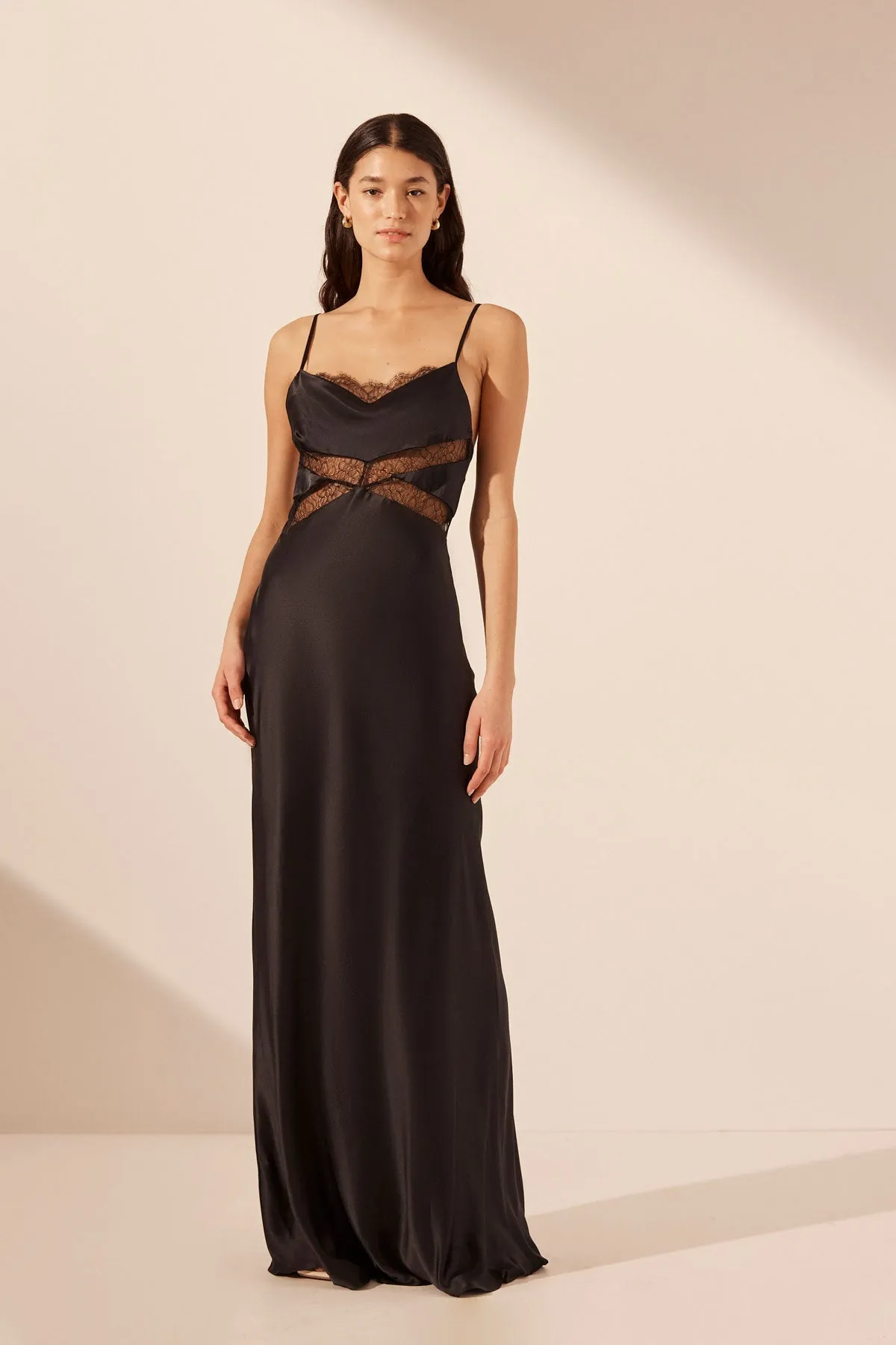 LETICIA SILK COWL NECK LACE MAXI DRESS - BLACK sold by Shona Joy