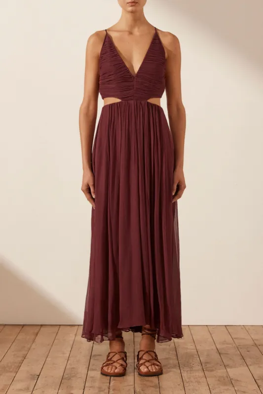 MARQUIS RUCHED CUT OUT MIDI DRESS - DEEP WINE sold by Shona Joy
