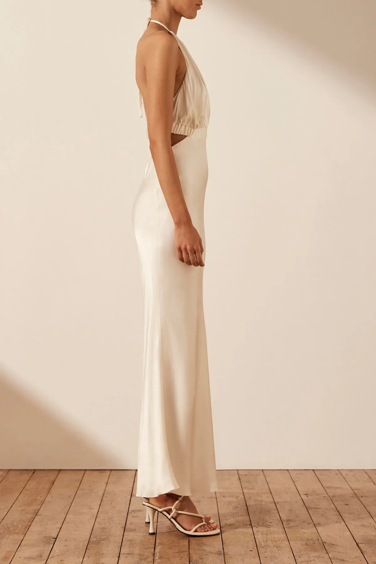 MILO RUCHED OPEN BACK HALTER MIDI DRESS - COCONUT sold by Shona Joy product image thumbnail 3