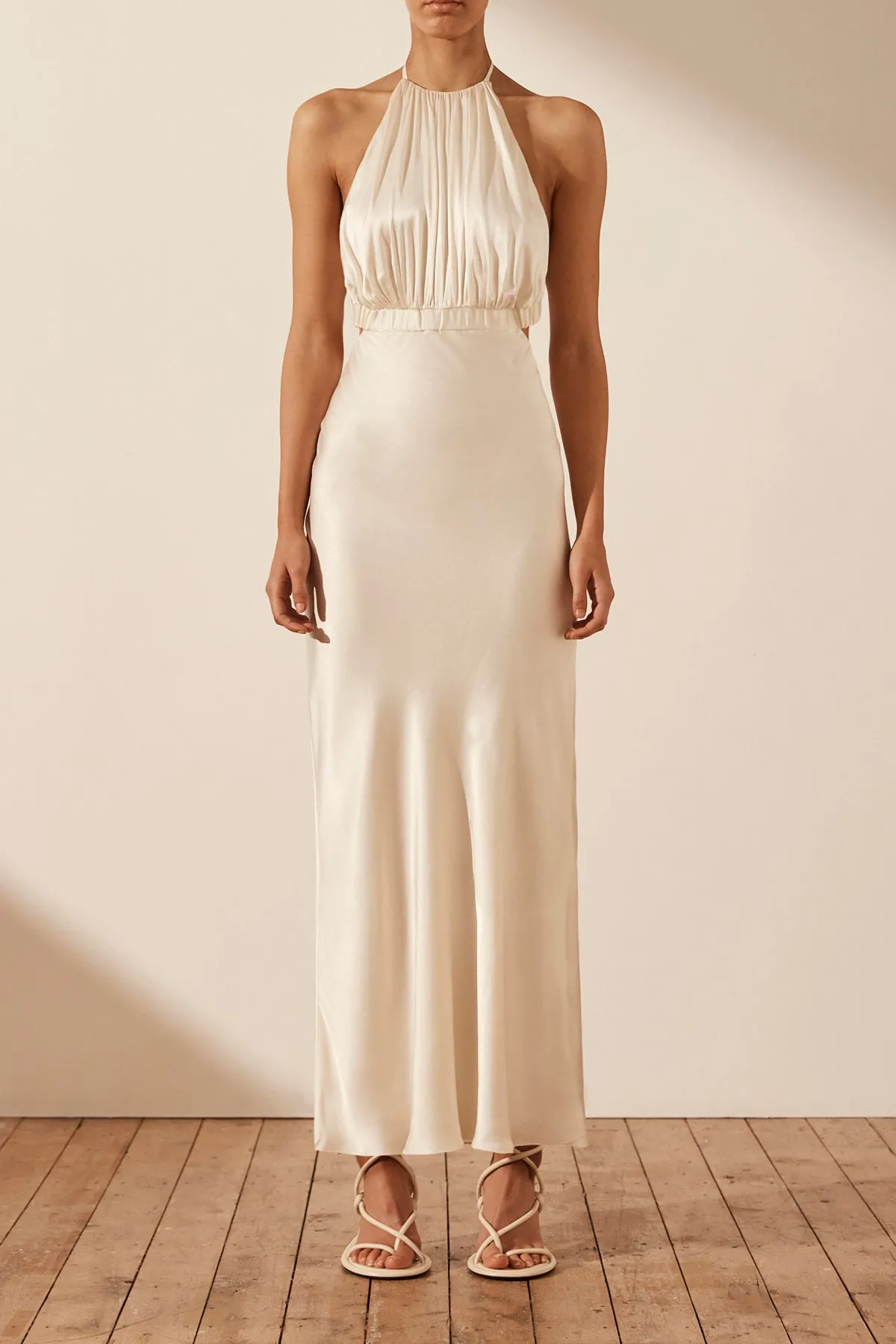 MILO RUCHED OPEN BACK HALTER MIDI DRESS - COCONUT sold by Shona Joy