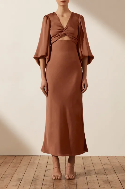 LUXE TWIST FRONT BALLOON SLEEVE MIDI DRESS - SANGRIA | Parallel