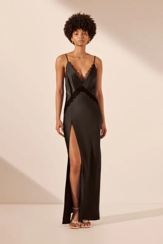 LETICIA SILK LACE SPLIT MAXI DRESS - BLACK sold by Shona Joy