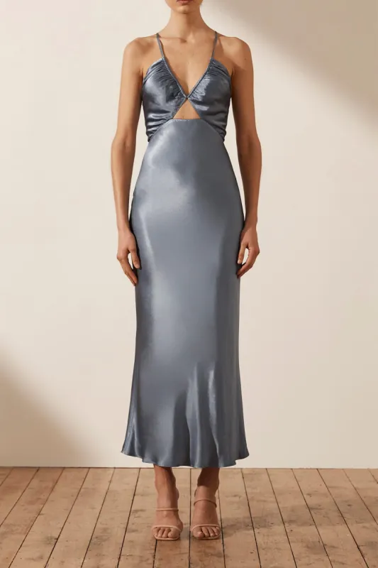 LA LUNE RUCHED BODICE MIDI DRESS - BLUE SMOKE sold by Shona Joy