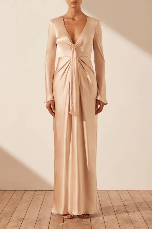 LA LUNE PLUNGED TIE FRONT MAXI DRESS - DESERT ROSE sold by Shona Joy