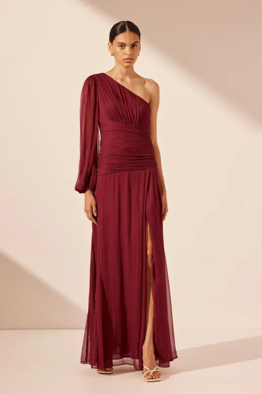 CLAUDE ONE SHOULDER SIDE SPLIT MAXI DRESS - SANGRIA sold by Shona Joy