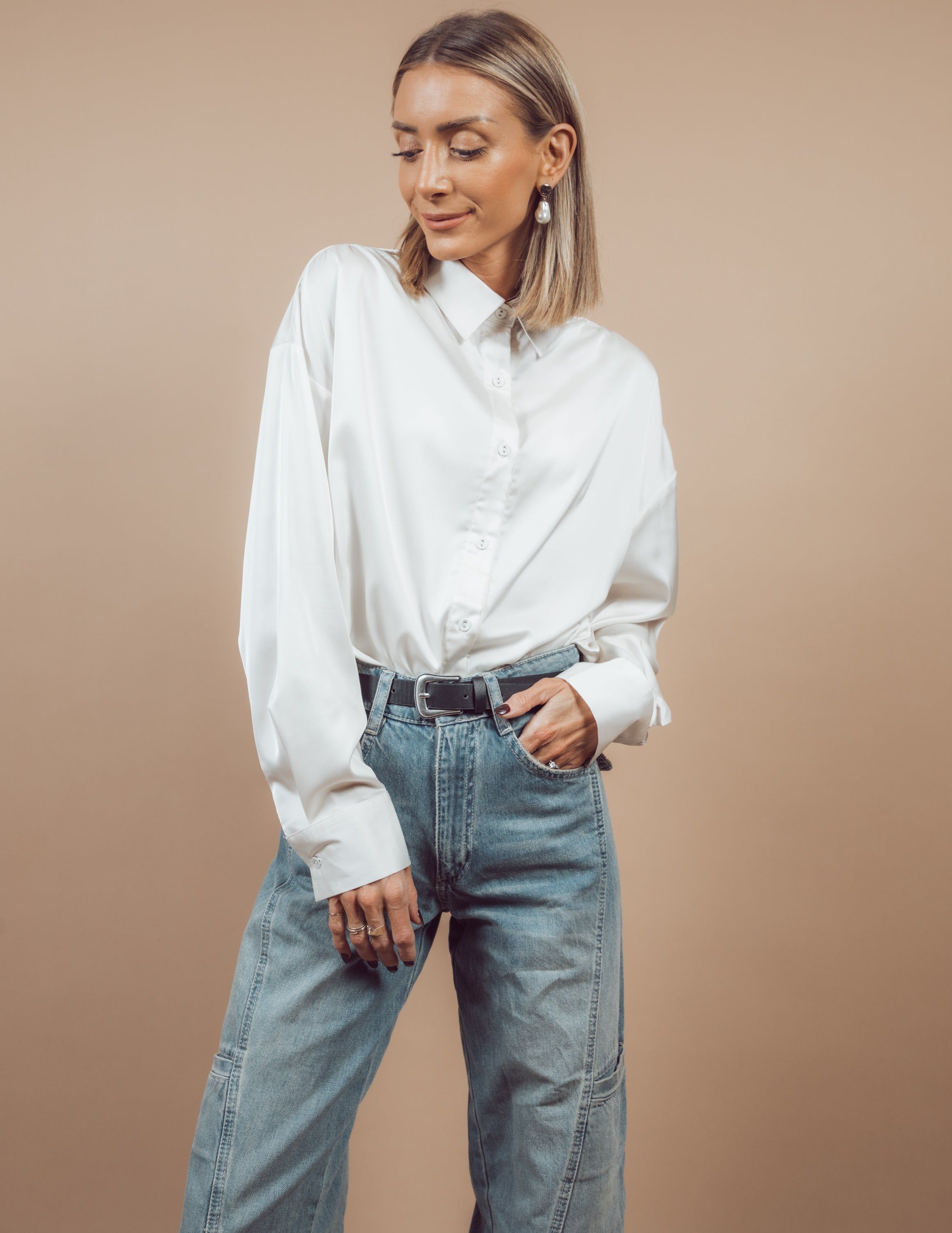 Adeline Satin Button Up *COMING SOON* sold by Shop Stevie