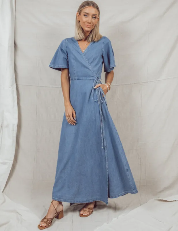 Sela Denim Wrap Dress sold by Shop Stevie