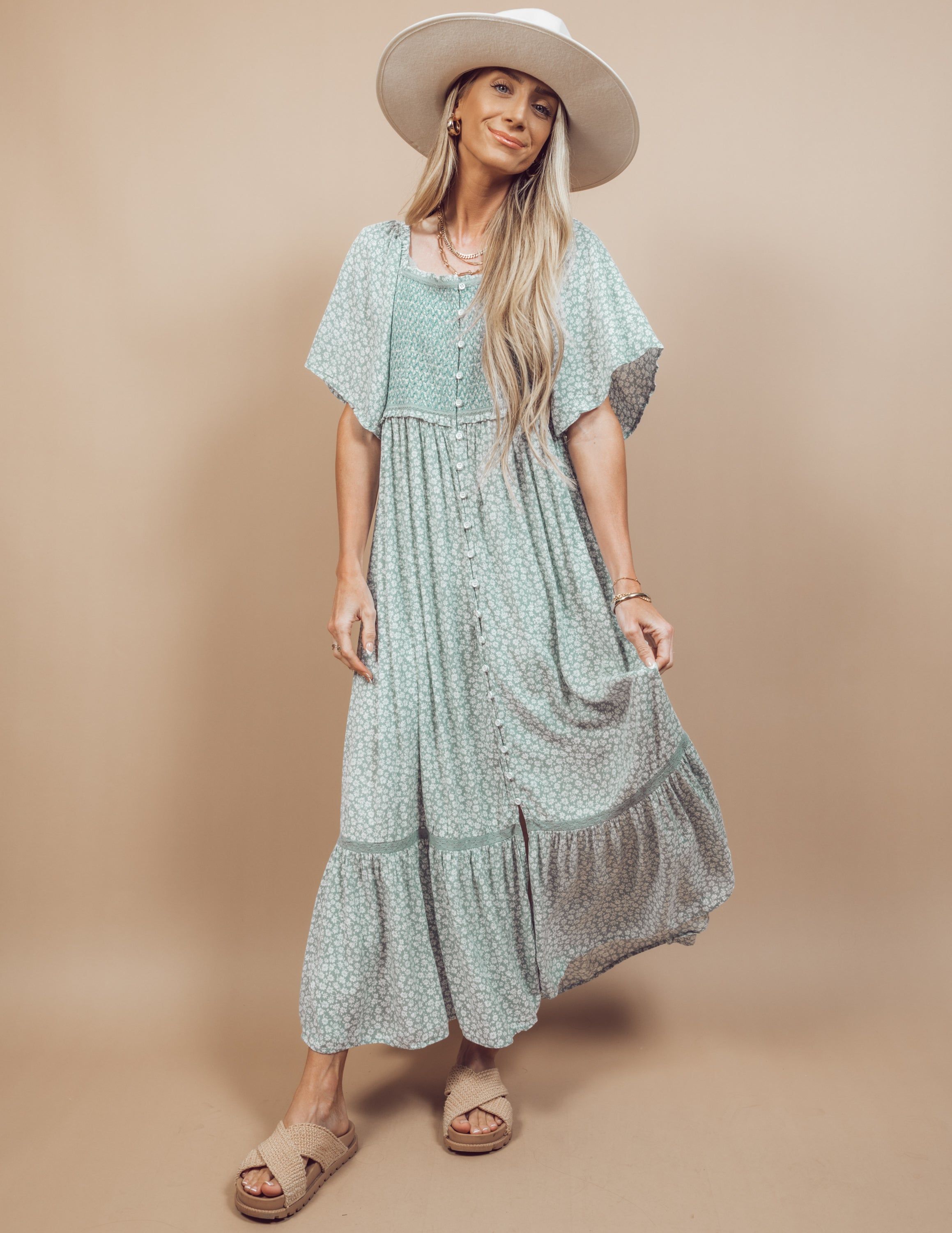 Guinevere Midi Dress in Sage sold by Shop Stevie