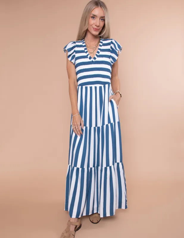 Emerly Striped Tiered Midi Dress sold by Shop Stevie
