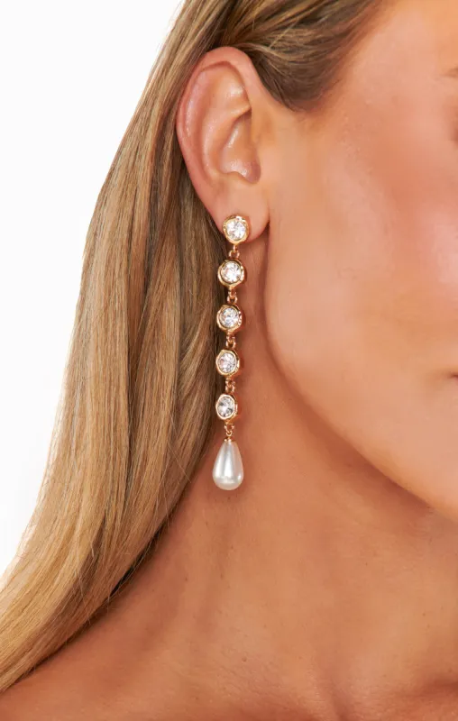 Ettika Elegantly Modern Crystal and Pearl Dangle Earrings ~ Gold sold by Show Me Your MuMu
