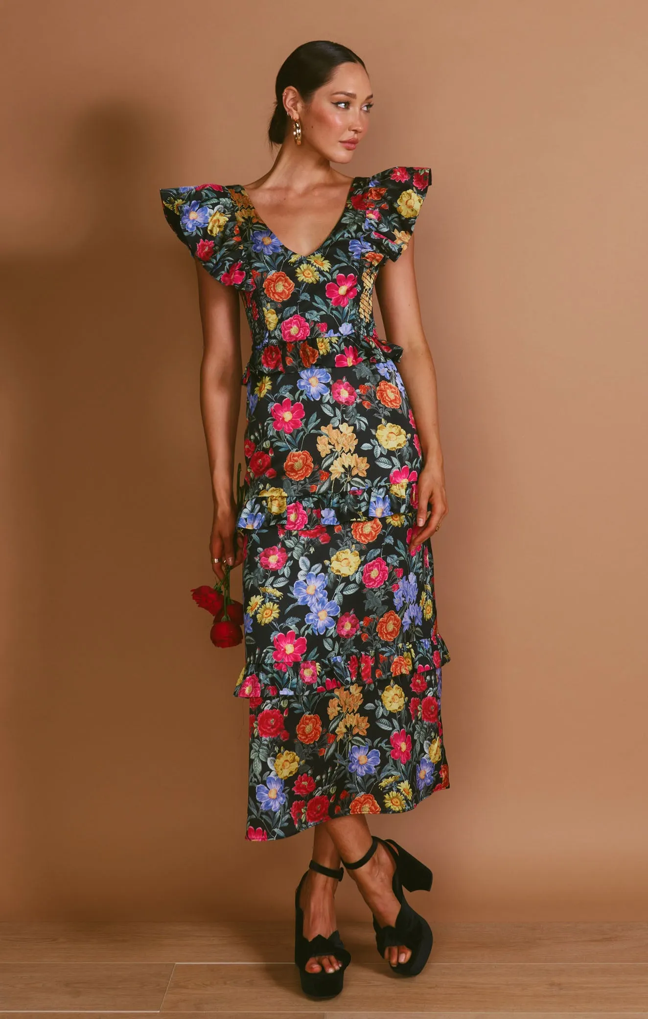 Lindsay Midi Dress ~ Charm Peony Black Luxe Satin sold by Show Me Your MuMu