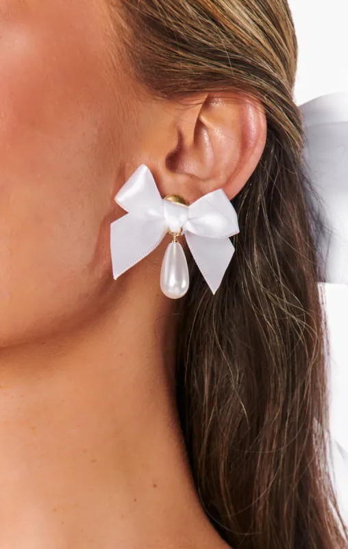 Bow Drop Pearl Earrings ~ White sold by Show Me Your MuMu
