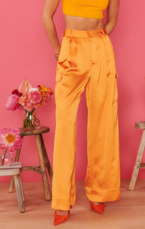 Cameo Cargo Pants ~ Tangerine Fluid Satin sold by Show Me Your MuMu
