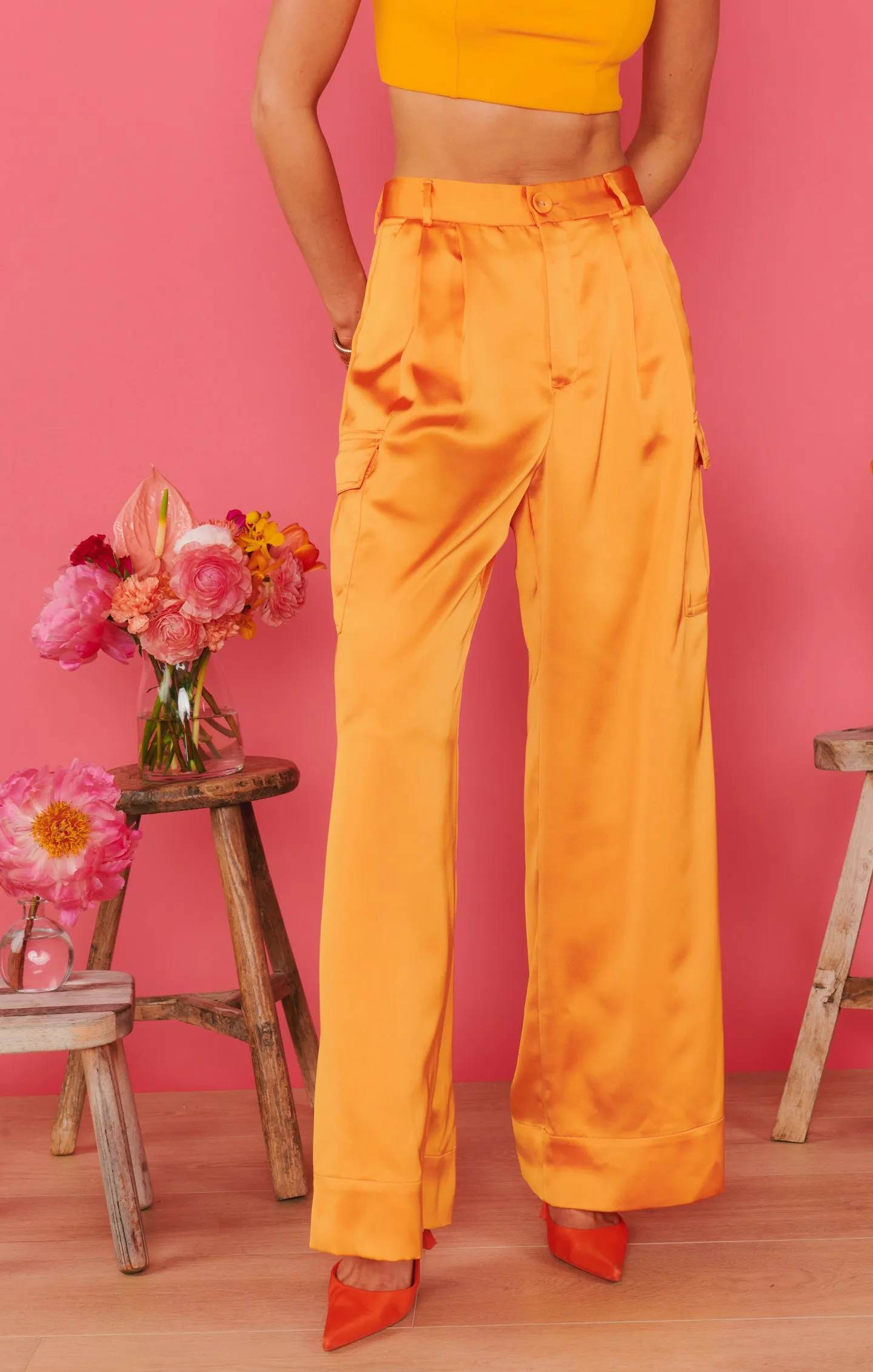 Cameo Cargo Pants ~ Tangerine Fluid Satin sold by Show Me Your MuMu