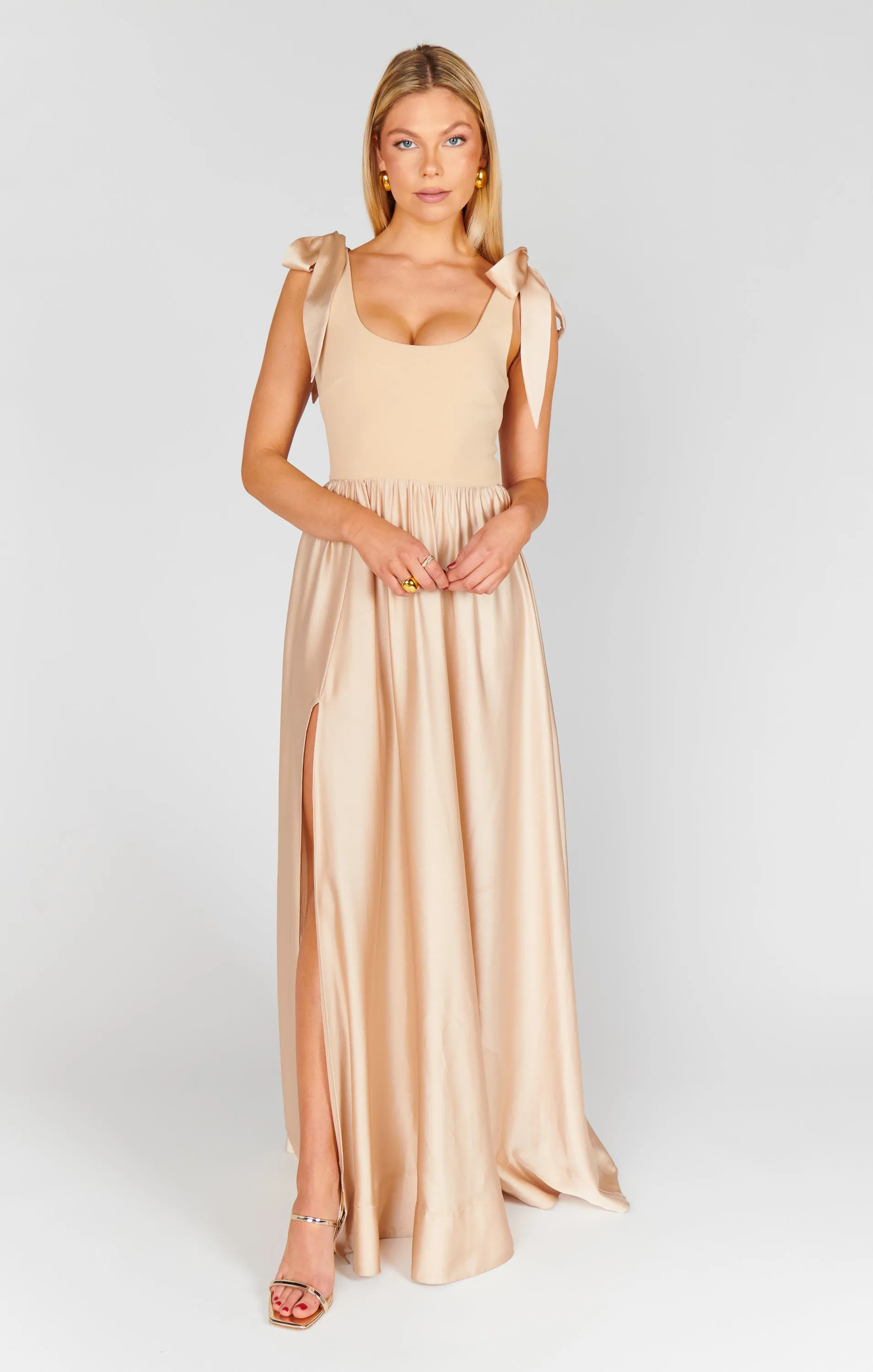 Harper Maxi Dress ~ Champagne Luxe Satin sold by Show Me Your MuMu