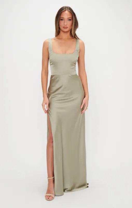 Lana Maxi Dress ~ Moss Green Luxe Satin sold by Show Me Your MuMu